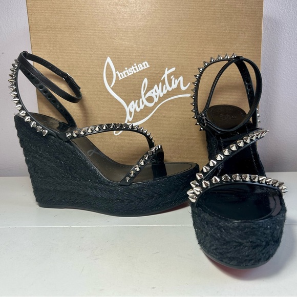 New! CHRISTIAN LOUBOUTIN MAFALDINA ZEPPA WEDGE SANDAL SPIKES BLACK LEATHER SZ 38 - Picture 1 of 15